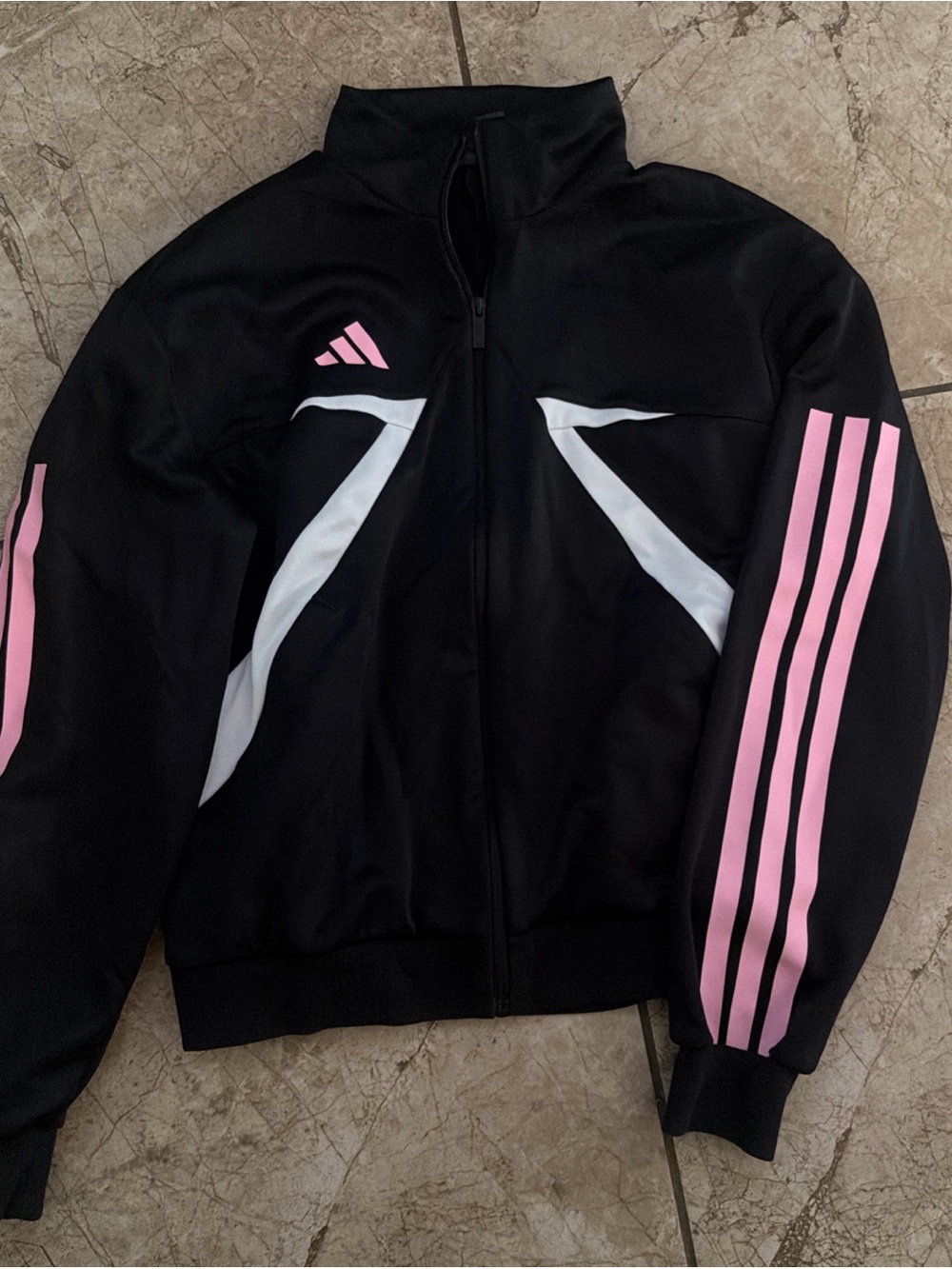 Men’s Adidas Black Track Jacket with Pink Stripes and White Accents Size S